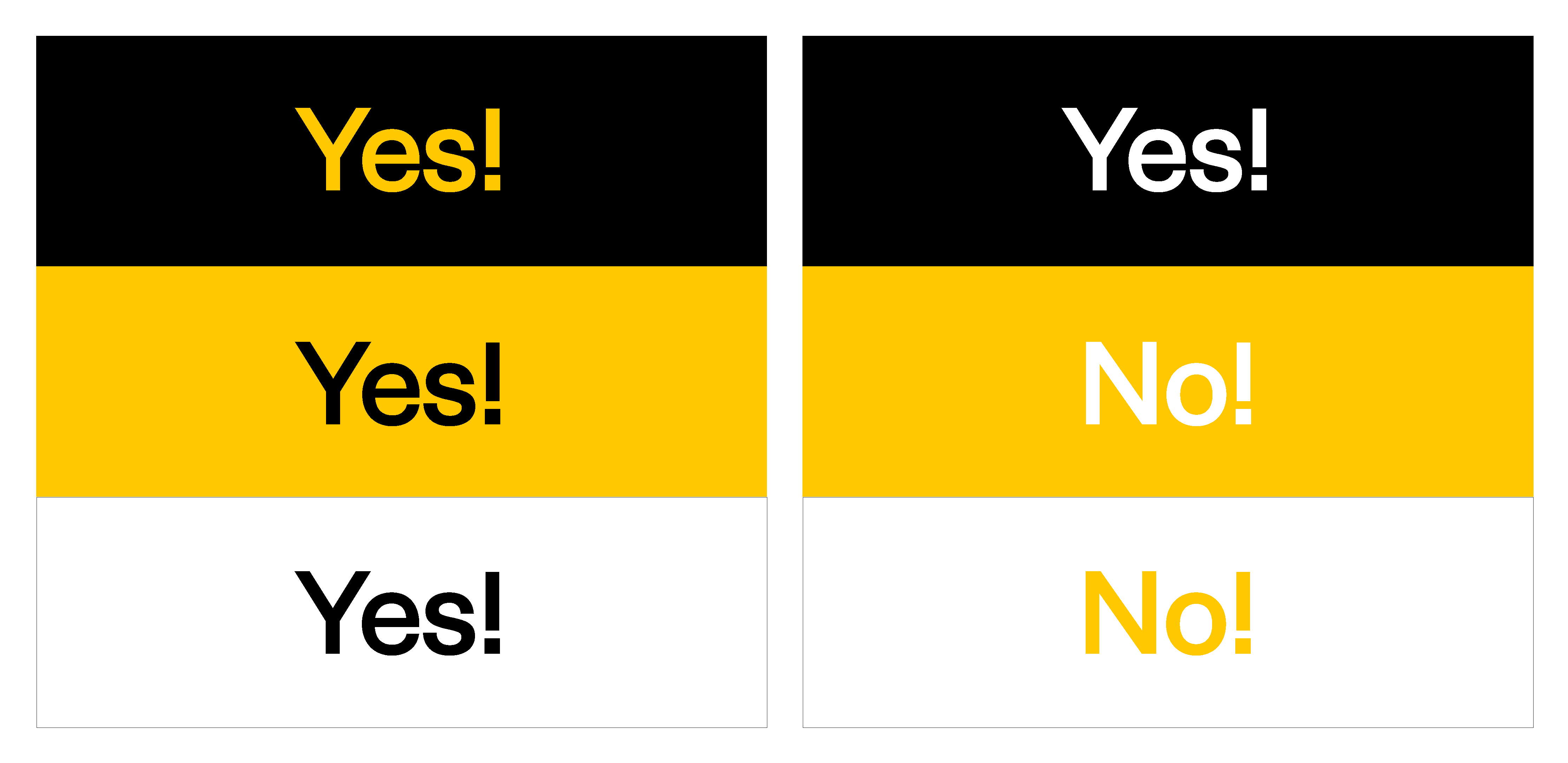 stacked coloured rectangles with "Yes!" and "No!" text in yellow, black, and white